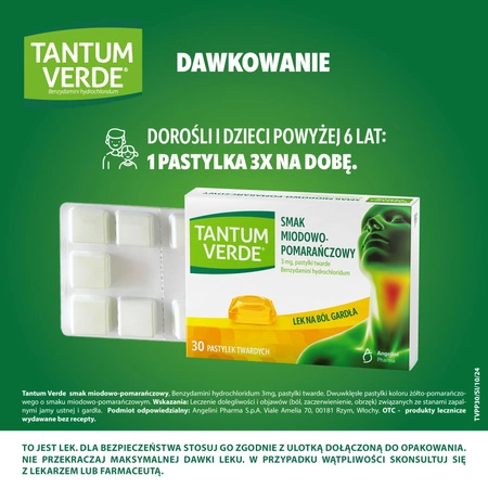 TANTUM VERDE miodowo-pomarańczowy, 3mg, lek na ból gardła i stany zapalne x 30 pastylek do ssania