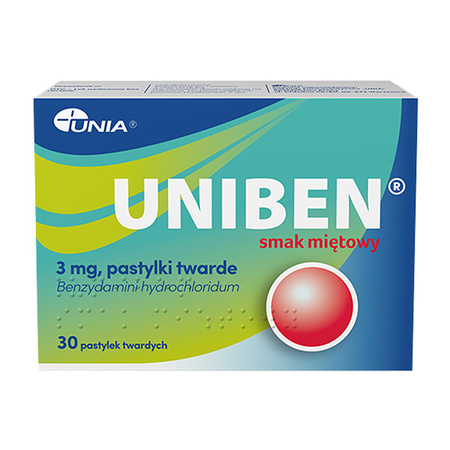 Uniben – pastylki do ssania z benzydaminą na stany zapalne i ból gardła i jamy ustnej, smak miętowy, 30 sztuk