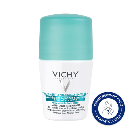 Vichy Antyperspirant przeciw śladom [48h] - Antyperspirant roll-on przeciw intensywnemu poceniu, 50ml