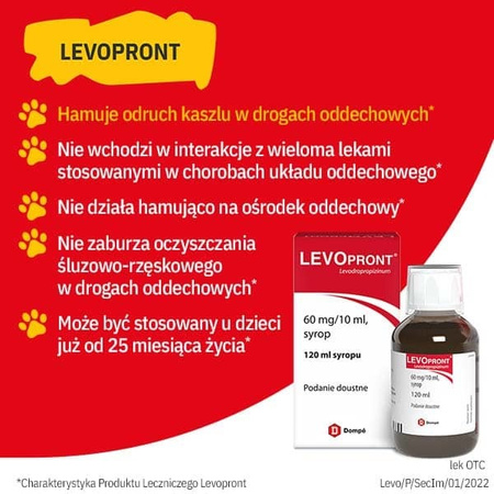 LEVOPRONT 60 mg/10 ml, lek na kaszel suchy dla dzieci od 2 lat i dorosłych, syrop 120 ml