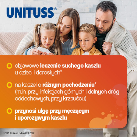 Unituss – syrop na suchy kaszel dla dorosłych i dzieci od 2. roku życia, 60mg/10ml, 120ml
