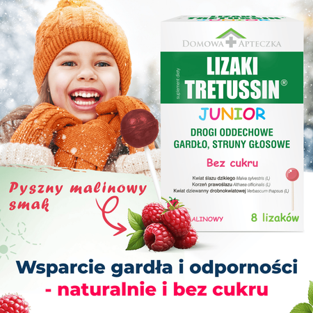 Tretussin Junior Lizaki o smaku malinowym, 8 sztuk DATA WAŻNOŚCI 11.2025r.
