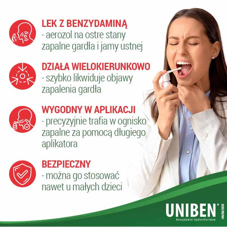 Uniben aerozol - Lek z benzydaminą na ostre stany zapalne i ból gardła i jamy ustnej, 30ml