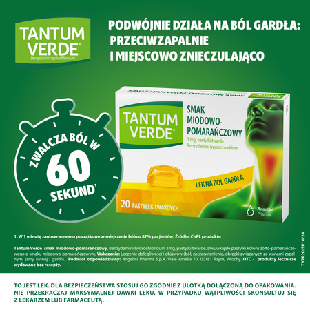 TANTUM VERDE miodowo-pomarańczowy, 3 mg, lek na ból gardła i stany zapalne x 20 pastylek do ssania