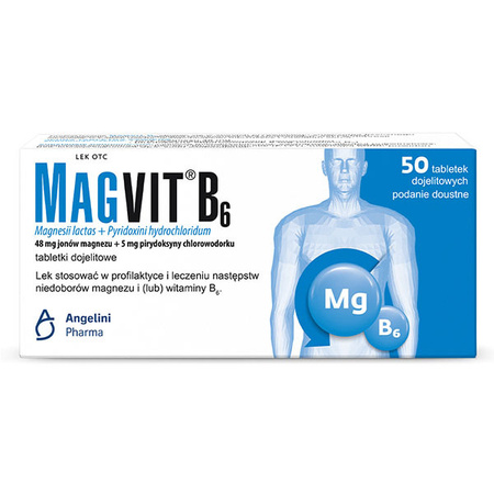MAGVIT B6, 48 mg+5 mg, lek z magnezem i witaminą B6, 50 tabletek dojelitowych