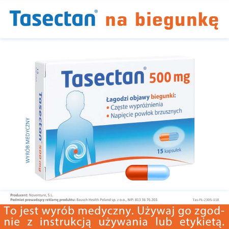 TASECTAN 500 mg preparat na biegunkę dla dorosłych i starszych dzieci, 15 kapsułek