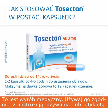 TASECTAN 500 mg preparat na biegunkę dla dorosłych i starszych dzieci, 15 kapsułek