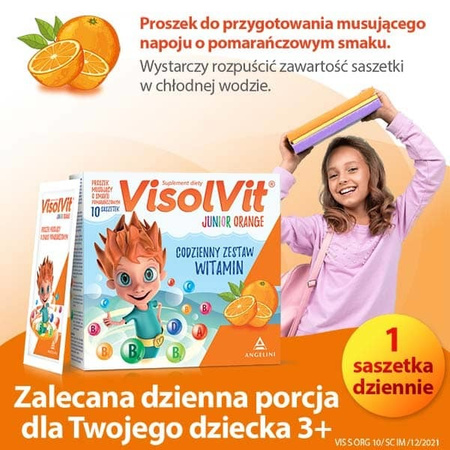 VISOLVIT JUNIOR Orange dla dzieci po 3 r.ż., musujący proszek o smaku pomarańczowym x 10 saszetek